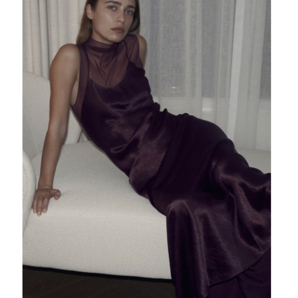 Zara 🔥 Lingerie Dress Satin Effect Style Mesh Maroon Long Seductive Boduir S